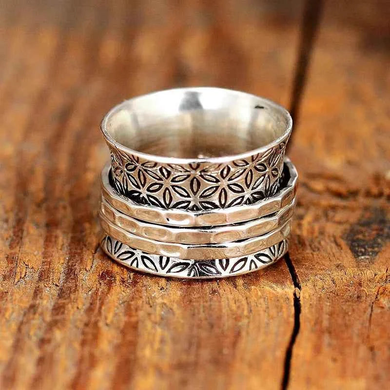 A055 Silver Flower Pattern Bohemia Style Ring Unisex Fashion Jewelry Gift No Stone Inlay