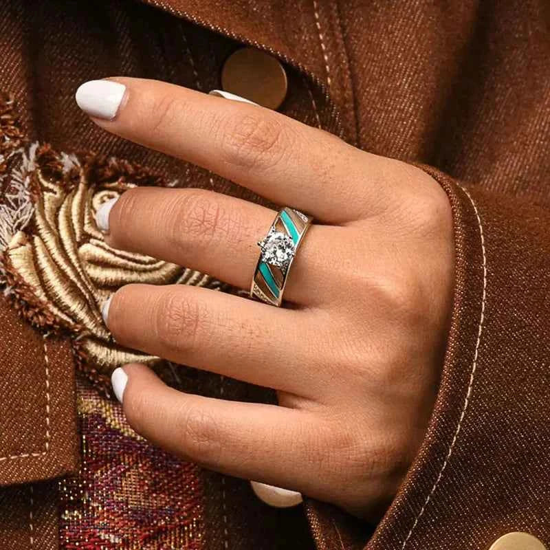 T0880 Women's 925 Silver Engagement Ring With Round Crystal Prong Setting Geometric Design For Wedding Or Proposal