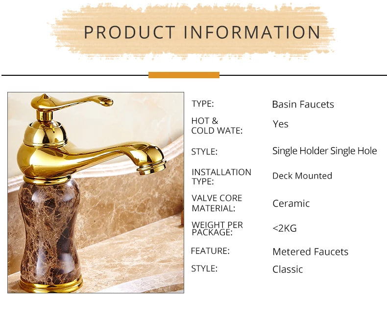 Elegant Gold Bathroom Faucet - Coffee Marble Mixer Tap