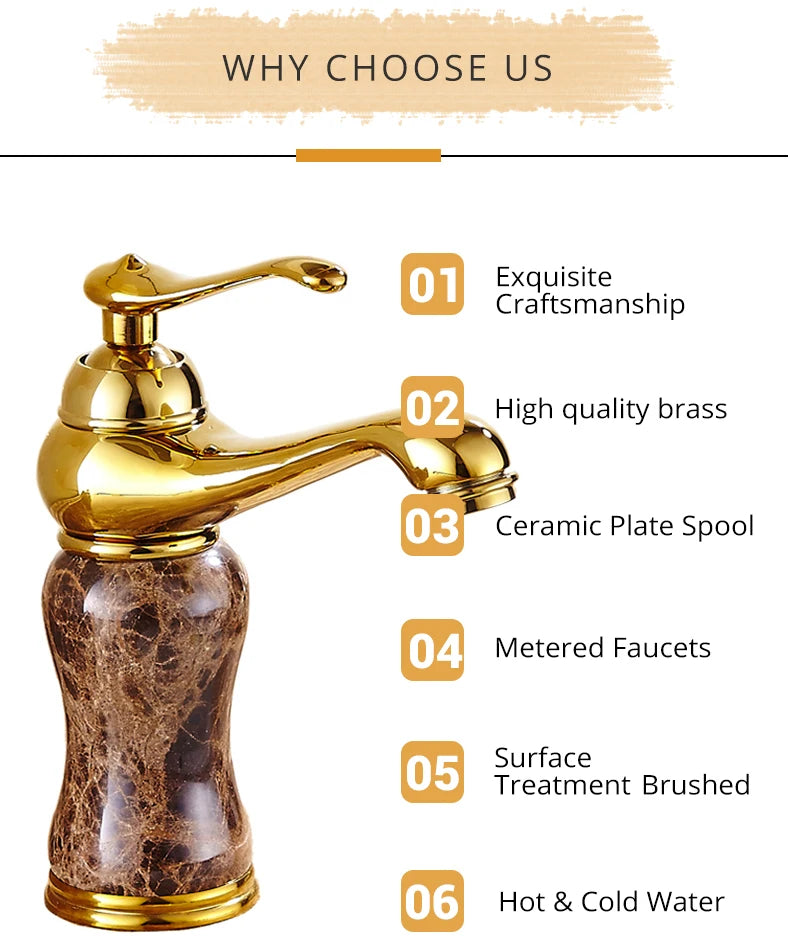 Elegant Gold Bathroom Faucet - Coffee Marble Mixer Tap
