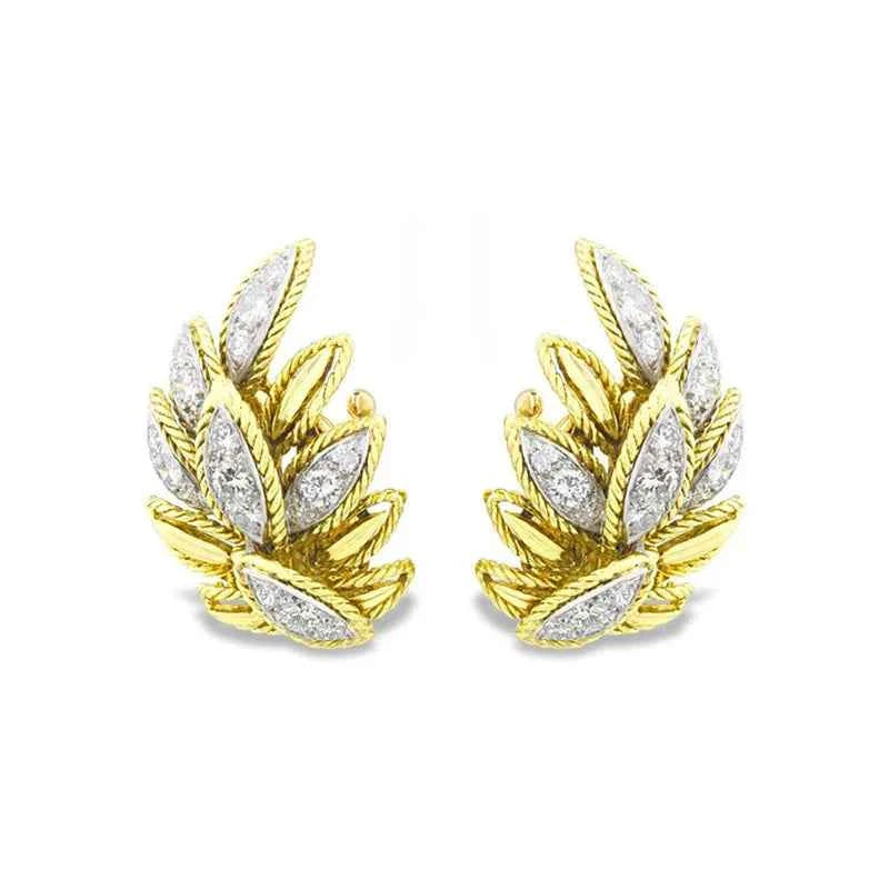 E2817 Gold Leaf Stud Earrings With Marquise Diamond Prong Setting For Women Luxury Party Jewelry