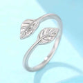 Adjustable leaf ring - 925 silver plated unisex ring with polished leaf motifs on white background