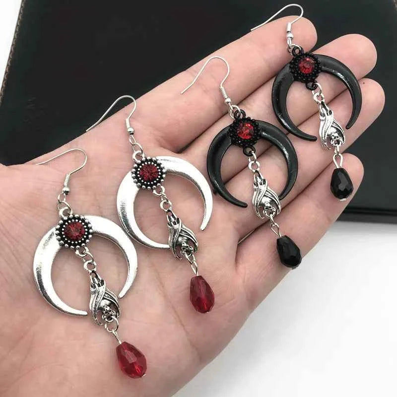 Gothic Punk Earrings - Exaggerated Bat & Red Bead Pendant
