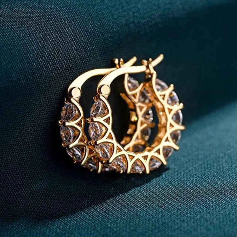 E807 Luxury White Gold 18K Gold Filled Plated Hoop Earrings Crystal Rhinestones Geometric Design Claw Setting Women's Party