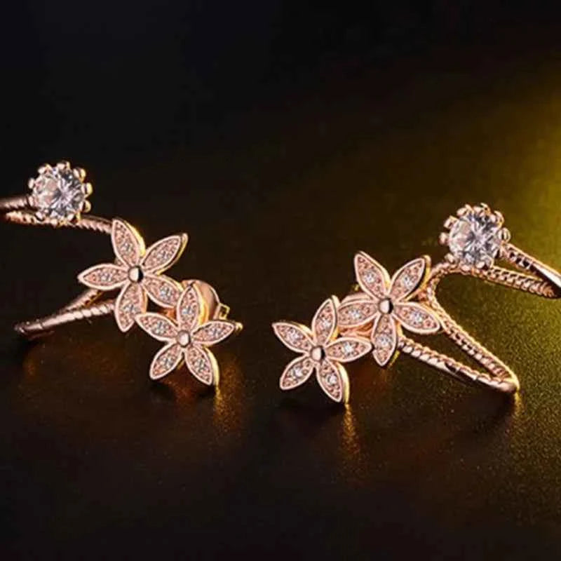 Tibetan Silver Flower Stud Earrings White Gold Plated Zircon Women's Romantic Party Jewelry Alloy Micro Insert Fashion Earrings