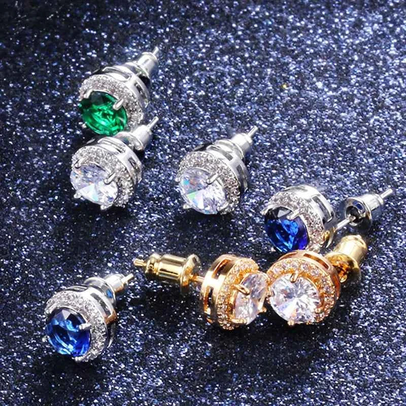 Pollination Gold Plated Stud Earrings With Round Diamond Bezel Setting For Women Classic Fashion Jewelry Gift
