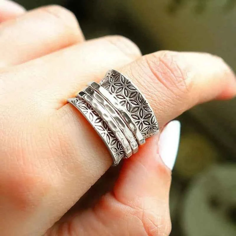 A055 Silver Flower Pattern Bohemia Style Ring Unisex Fashion Jewelry Gift No Stone Inlay