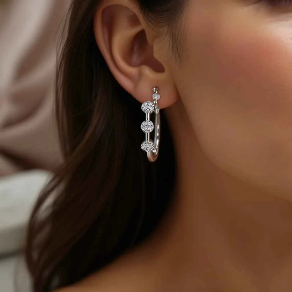 White Gold Hoop Earrings Crystal Rhinestones Prong Set 925 Silver Rhodium Plated Classic Style Women Everyday Snowflake Shape