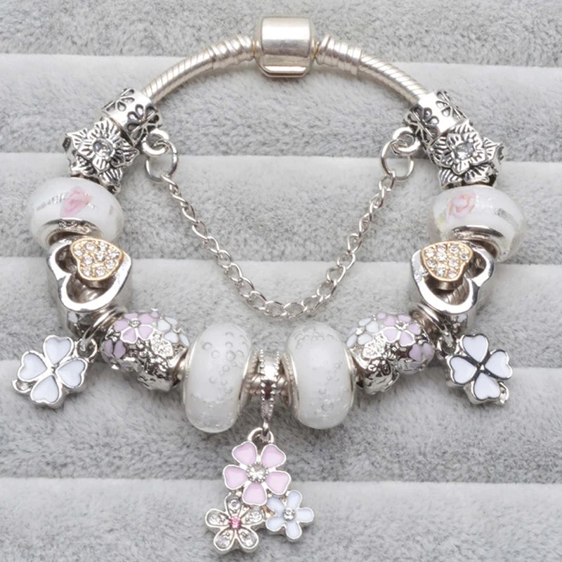 Elegant Crystal Flower Charm Bracelet - Gold Bead Design