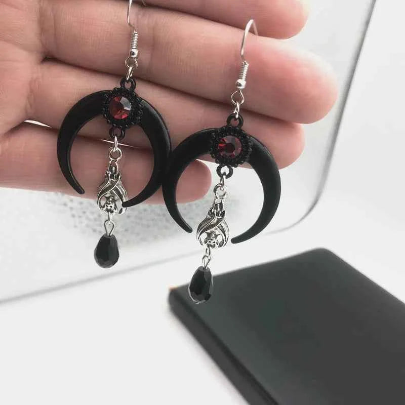 Gothic Punk Earrings - Exaggerated Bat & Red Bead Pendant
