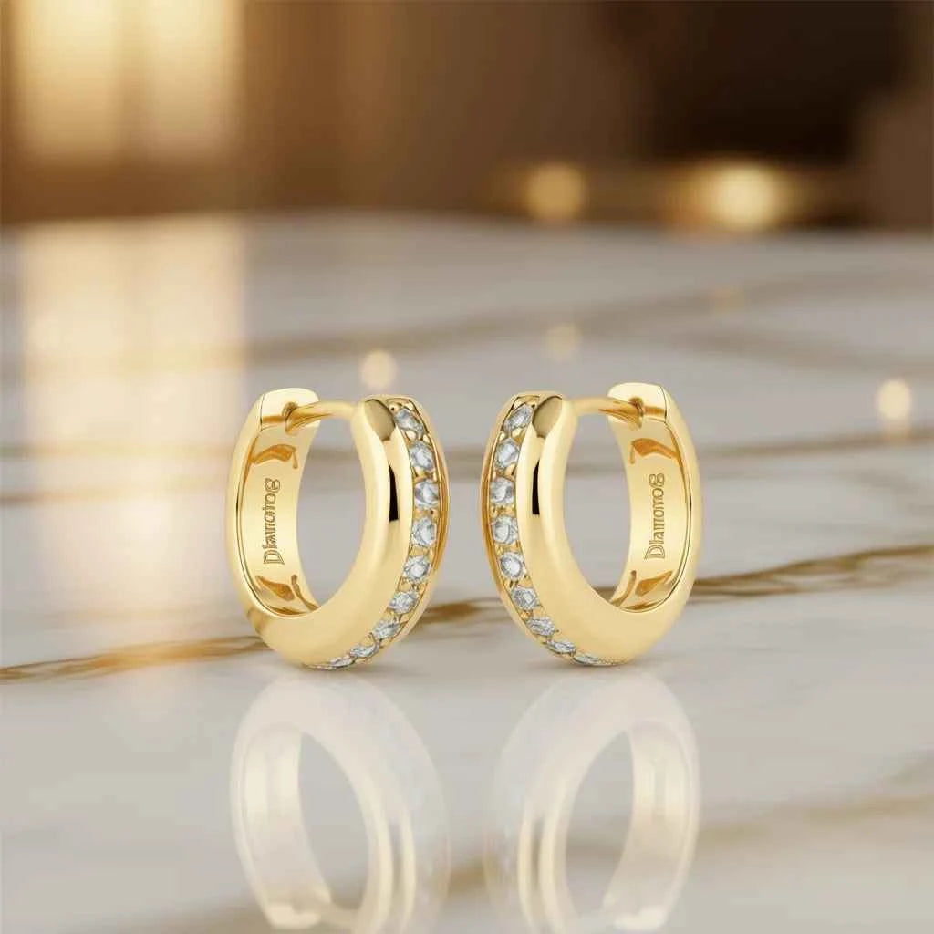 DiamondE 18K Solid Gold Diamond Hoop Earrings Rose Gold Round Brilliant Cut Women's Everyday Wear Classic Style