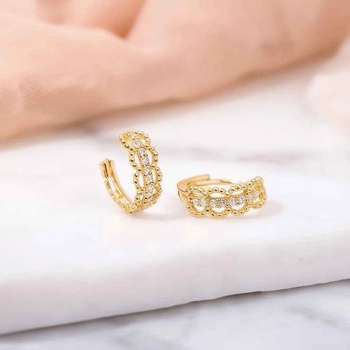 Golden Huggie Earrings With Crystal Channel Setting For Women Fashion Geometric Everyday Wear 18K Gold Plated Zinc Alloy
