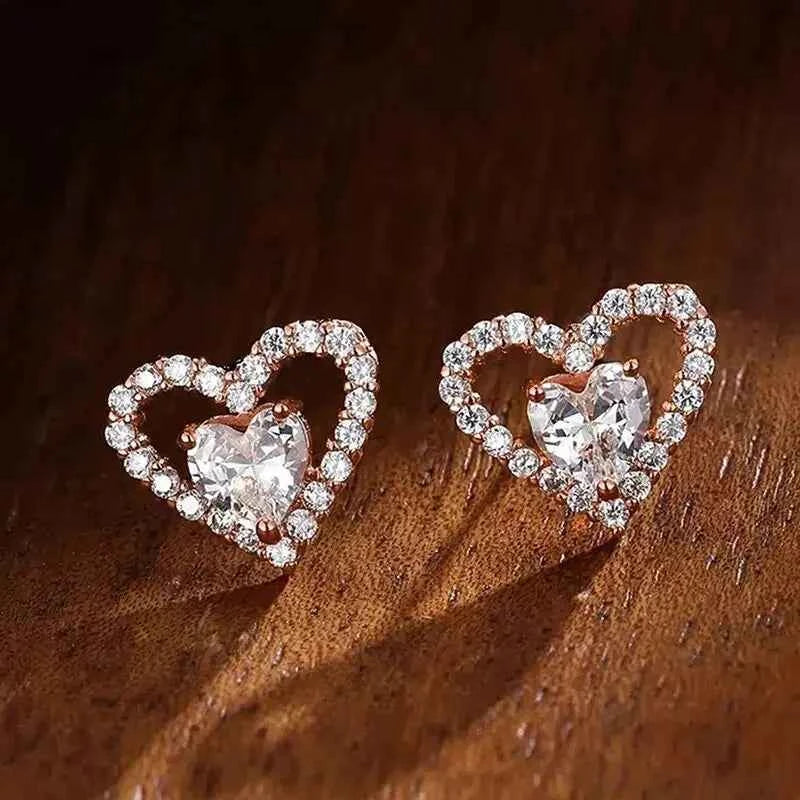 Gold Heart Crystal Stud Earrings For Women 18K Gold Filled Everyday Wear Jewelry