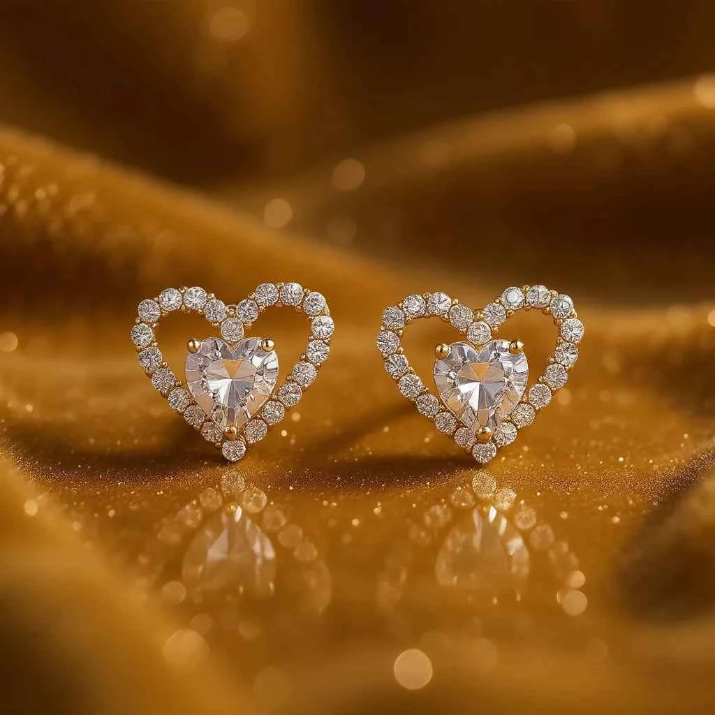 Gold Heart Crystal Stud Earrings For Women 18K Gold Filled Everyday Wear Jewelry