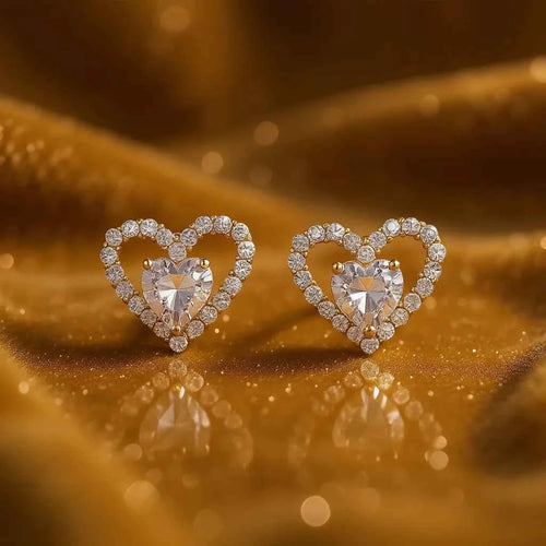 Gold Heart Crystal Stud Earrings For Women 18K Gold Filled Everyday Wear Jewelry