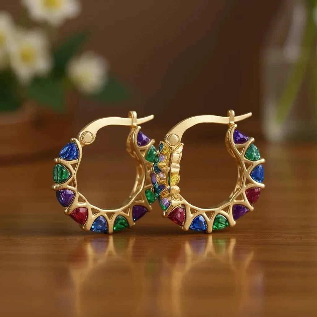 Gold Plated Geometric Hoop Earrings With Multicolor Crystal Rhinestones For Women Party Fashion Jewelry E4386