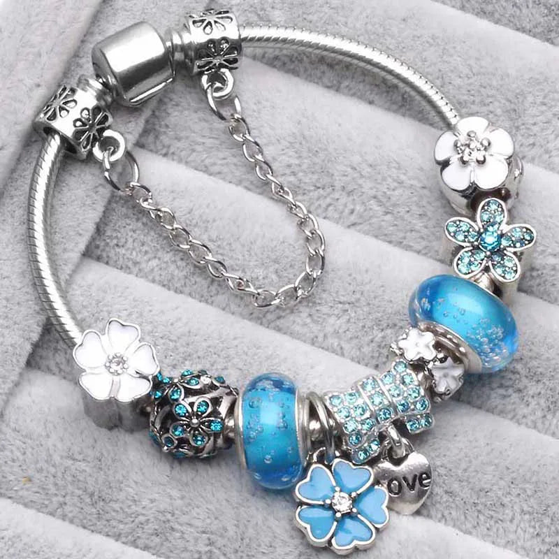 Elegant Crystal Flower Charm Bracelet - Gold Bead Design