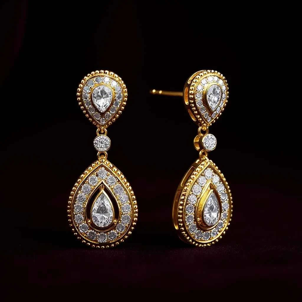 Golden Diamond Earrings 18K Solid Gold Pear Cut Natural Diamonds Classic Wedding Women's Jewelry with Side Stones