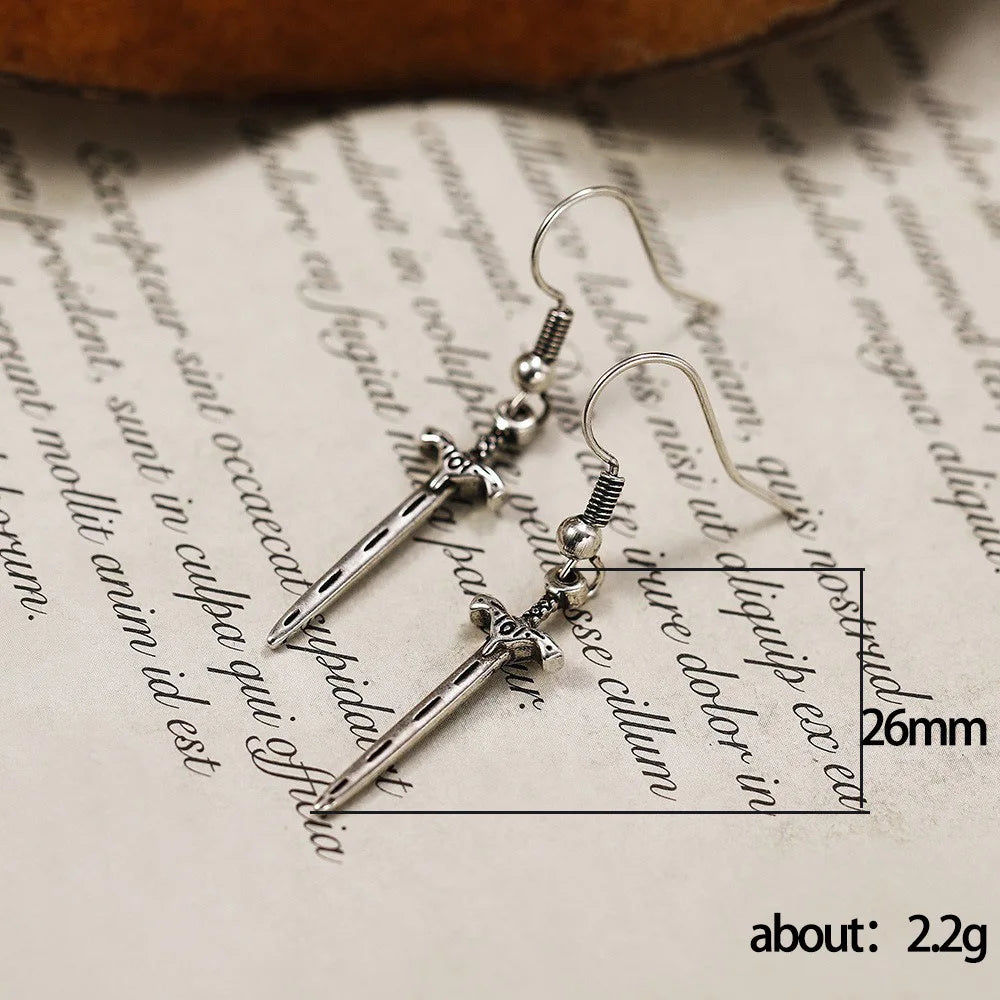 Antique Silver Sword Earrings - Premium Punk Drop Earrings for Unisex