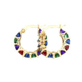 Geometric hoop earrings - gold plated with multicolor crystal rhinestones on a white background