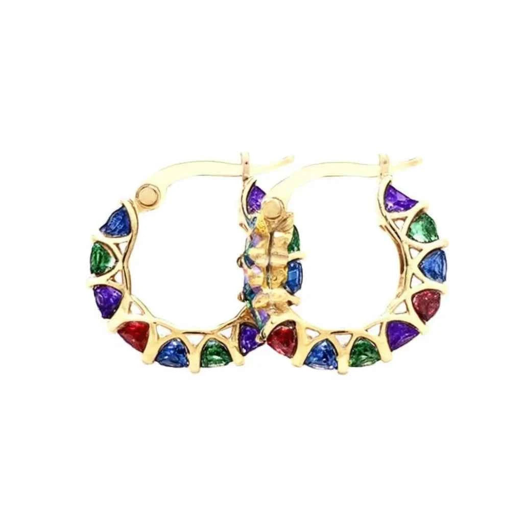 Geometric hoop earrings - gold plated with multicolor crystal rhinestones on a white background