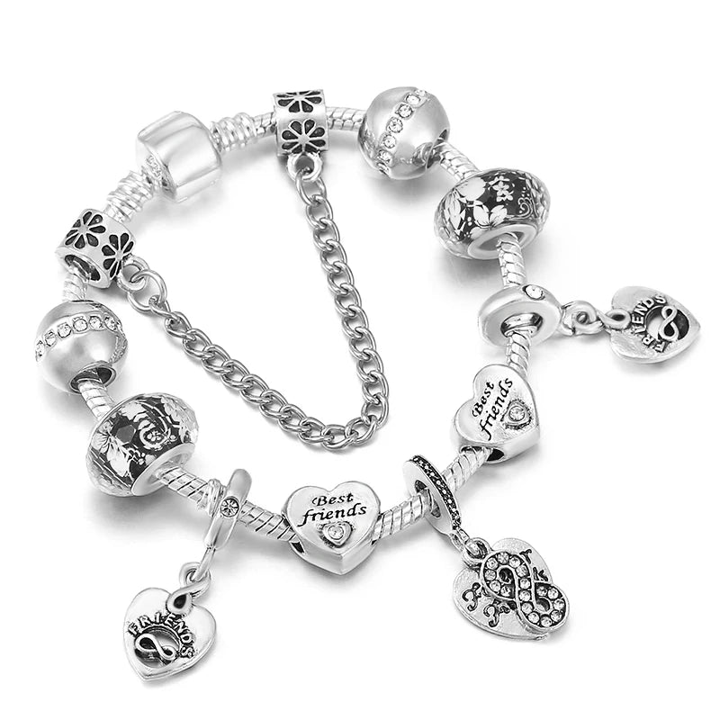 Elegant Crystal Flower Charm Bracelet - Gold Bead Design