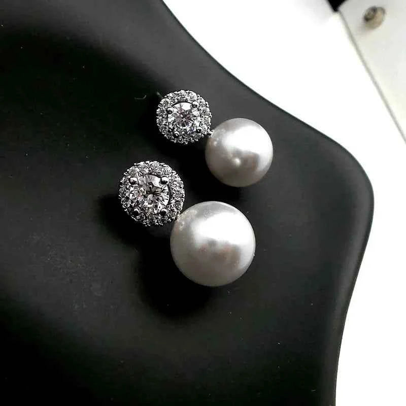 White Gold Pearl Stud Earrings With Round Brilliant Cut Diamond Imitation Pearl For Women Wedding Classic Fashion Jewelry