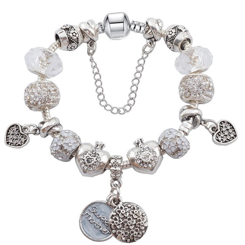 Elegant Crystal Flower Charm Bracelet - Gold Bead Design