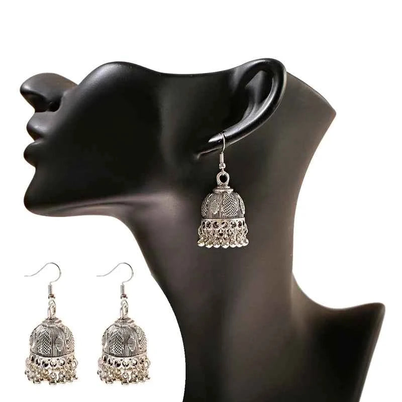 Elegant Indian Jhumka Earrings - Silver Flower Tassel Dangle Design