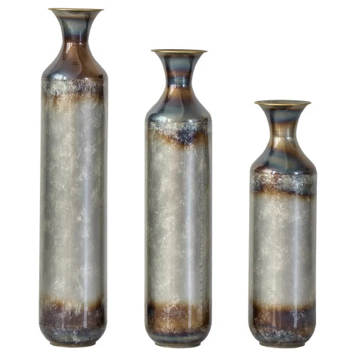 Torch-Fired Metal Floor Vases Set of 3 Tall Rustic Blue Burnt Finish for Farmhouse Living Room - Tulique