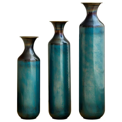 Torch-Fired Metal Floor Vases Set of 3 Tall Rustic Blue Burnt Finish for Farmhouse Living Room - Tulique