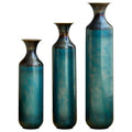 Torch-Fired Metal Floor Vases Set of 3 Tall Rustic Blue Burnt Finish for Farmhouse Living Room - Tulique