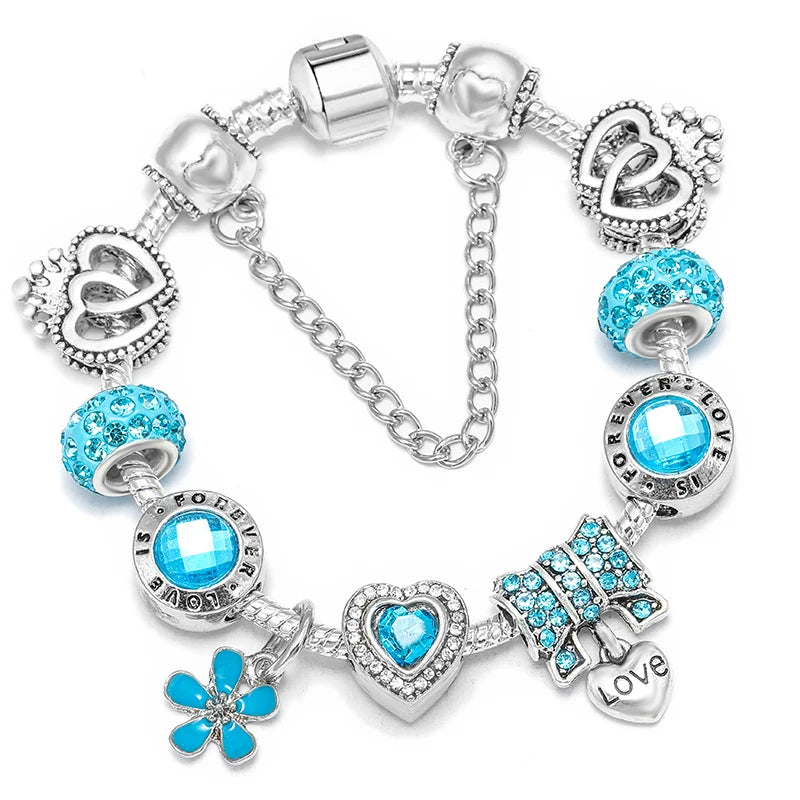 Elegant Crystal Flower Charm Bracelet - Gold Bead Design