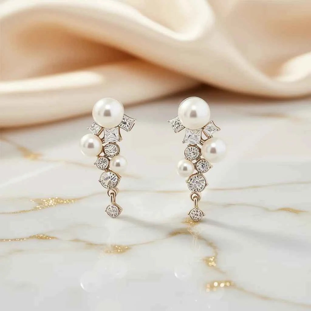 Elegant White Gold Drop Earrings With Faux Pearls And Crystals For Wedding Women's Classic Pearl Jewelry E2457