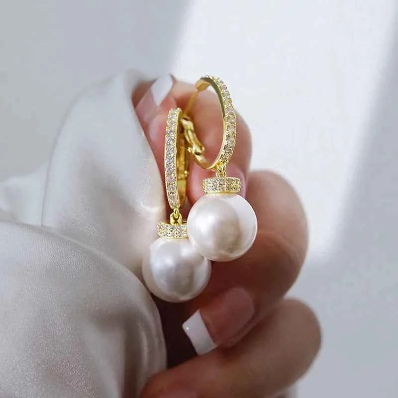 Classic Gold Hoop Earrings With White Cultured Pearl AAA Grade 18K Gold Plated Bezel Setting Women's Wedding Jewelry