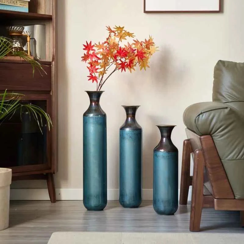 Torch-Fired Metal Floor Vases Set of 3 Tall Rustic Blue Burnt Finish for Farmhouse Living Room - Tulique