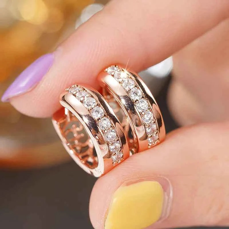 DiamondE 18K Solid Gold Diamond Hoop Earrings Rose Gold Round Brilliant Cut Women's Everyday Wear Classic Style