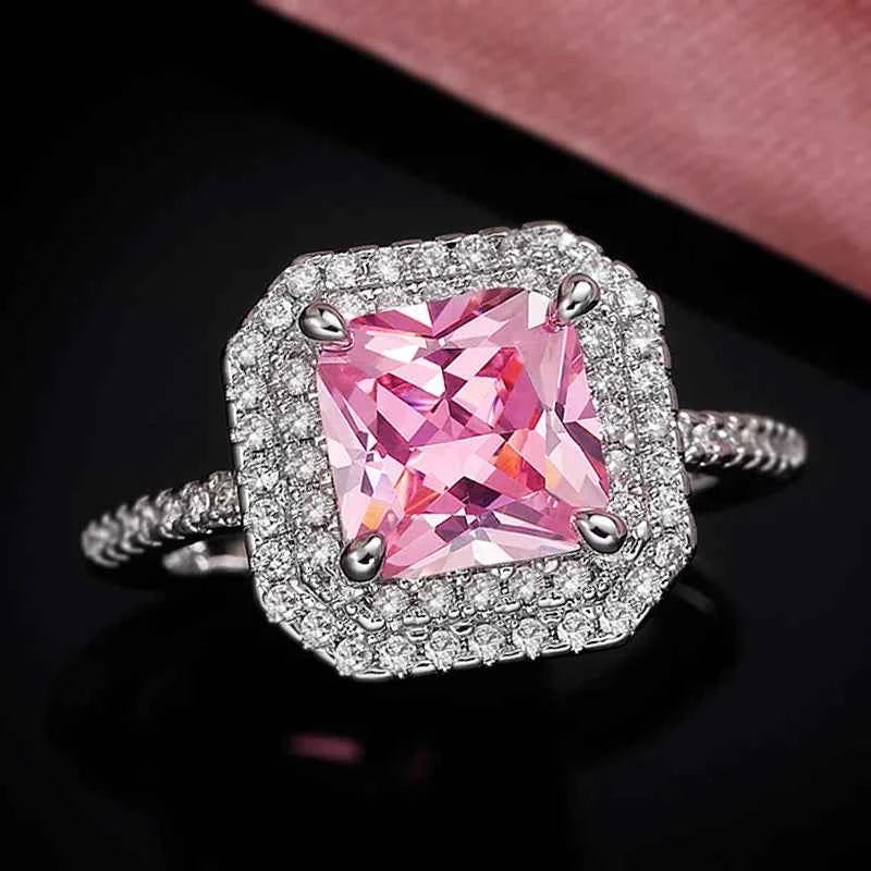 F1428 Women's Engagement Ring Princess Cut Natural Fancy Pink Diamond Halo With D Color Side Diamonds