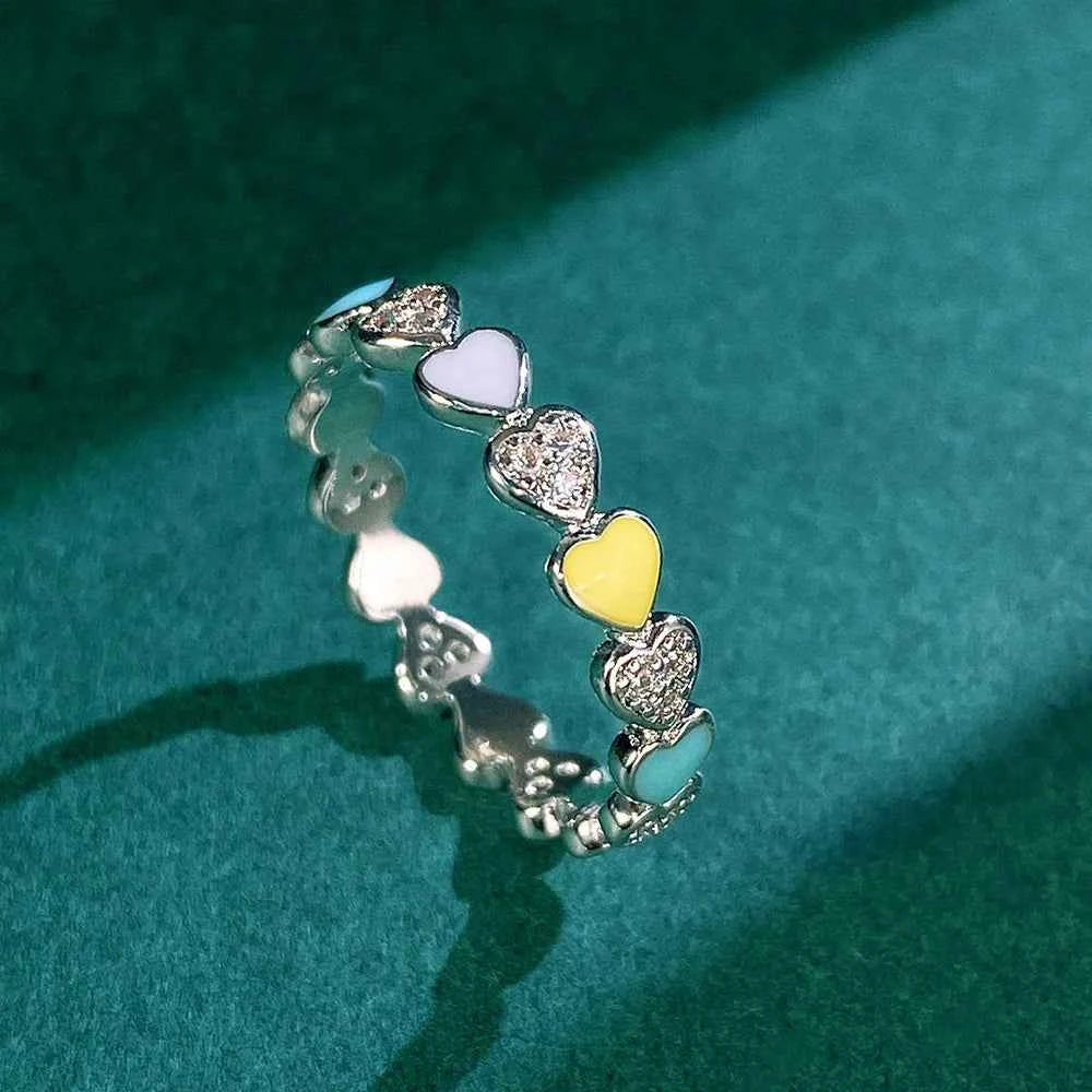 F1614 Heart Shape Eternity Band Ring With Enamel And Pave Setting Natural Stones Unisex Fashion Jewelry Gift