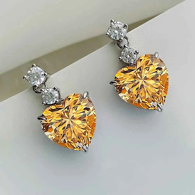 E3675 Yellow Gold Plated 925 Silver Heart Drop Earrings With Claw Setting For Women Wedding Romantic Crystal Jewelry