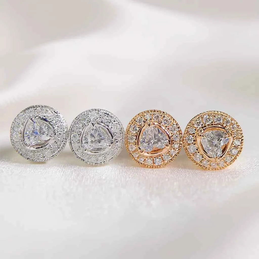 Luxury Diamond Stud Earrings 18K Solid Gold Trillion Cut Bezel Setting White Gold Rose Gold Plated Classic Wedding Women's