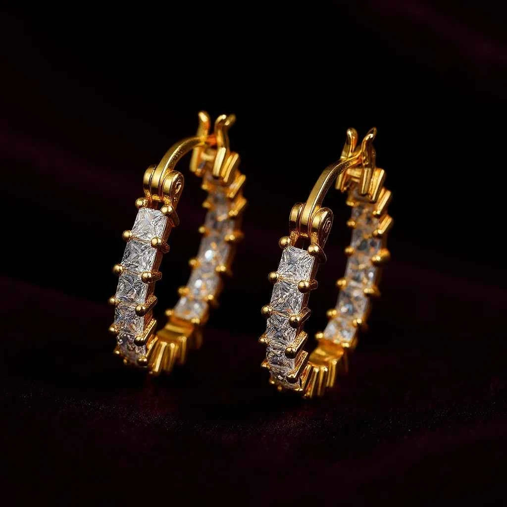 E1017 Gold Hoop Earrings Crystal Rhinestone Channel Setting Women's Luxury Everyday Wear