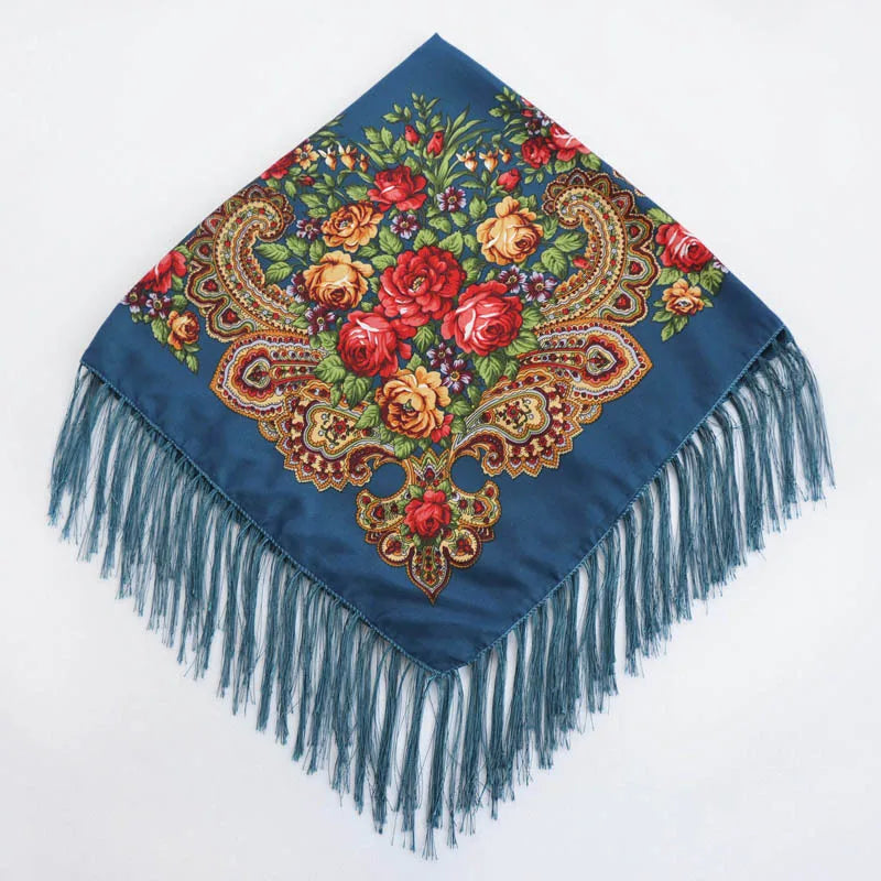 Luxury Floral Russian Scarf - Fringed Square Babushka Shawl