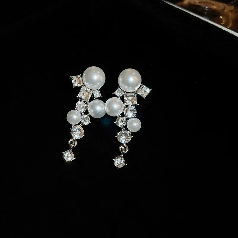 Elegant White Gold Drop Earrings with Faux Pearls & Crystals