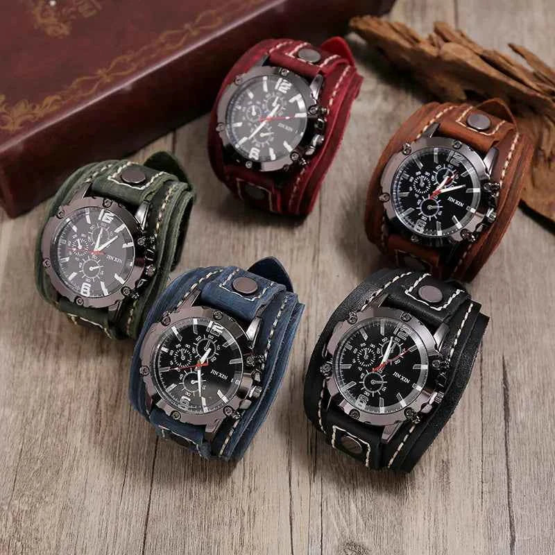 Rugged Men's Quartz Watch - Premium Cowhide Leather Punk Wristwatch