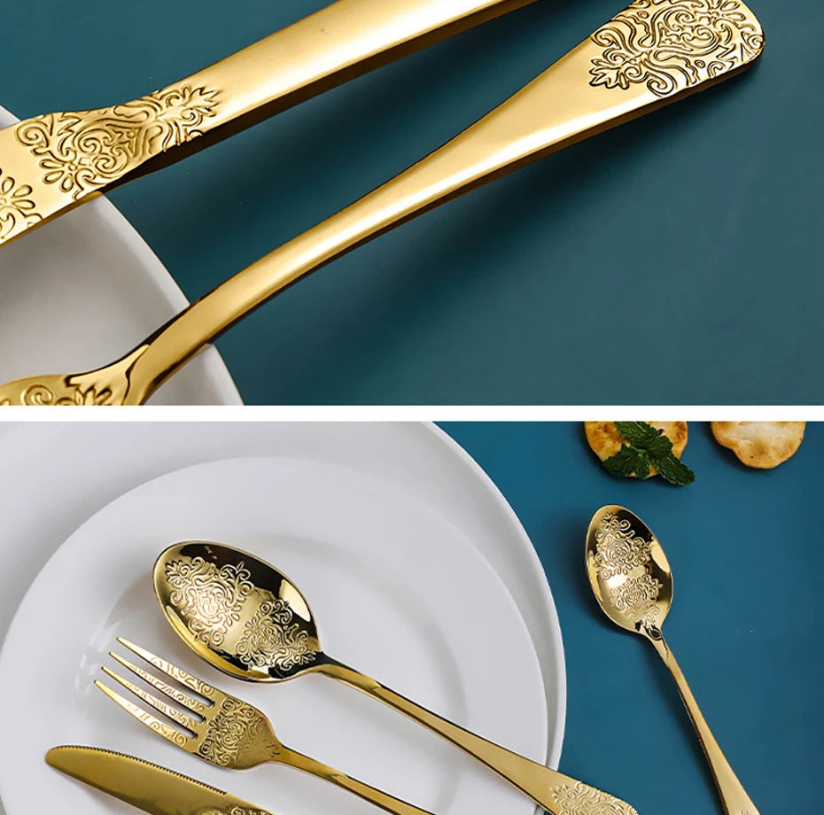 Elegant Vintage Carved Flatware Set - 304 Stainless Steel