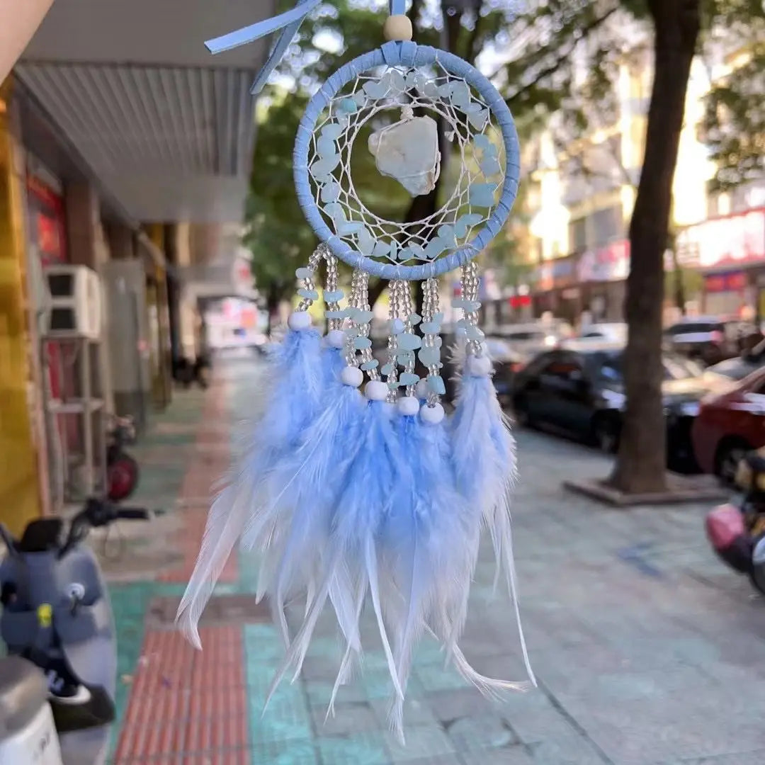 Handmade Mini Dream Catcher - Boho Wall Hanging with Colorful Feathers & Crystal Stones for Home Decor - Tulique
