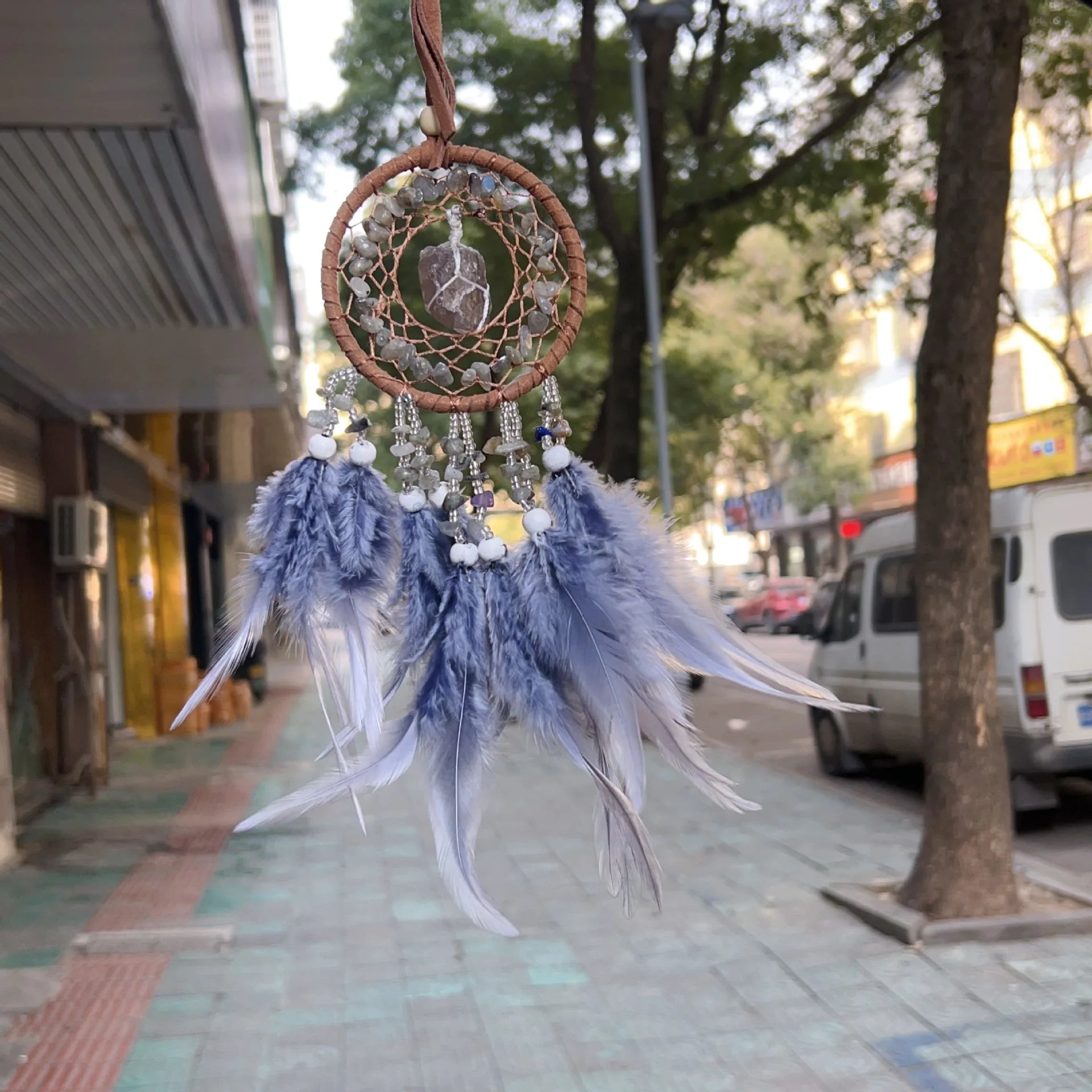 Handmade Mini Dream Catcher - Boho Wall Hanging with Colorful Feathers & Crystal Stones for Home Decor - Tulique