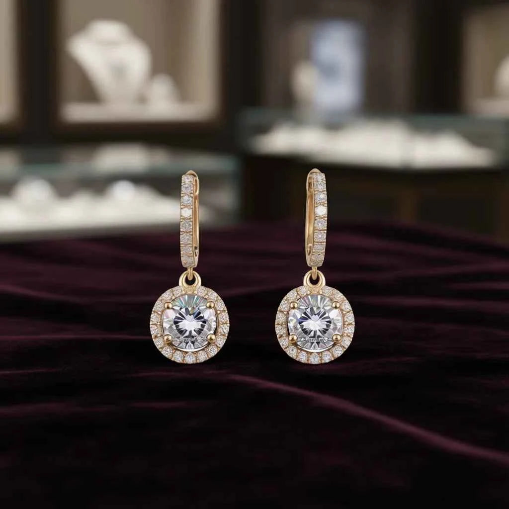 E1806 Gold Diamond Earrings with Side Stones Brilliant Cut G Color Natural Diamonds Classic Women's Wedding Jewelry
