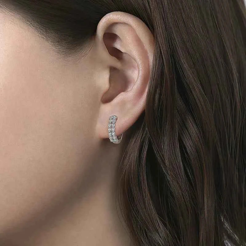 Elegant White Gold Hoop Earrings With Round Brilliant Cut Crystal Rhinestones Channel Setting For Women Classic Everyday Wear